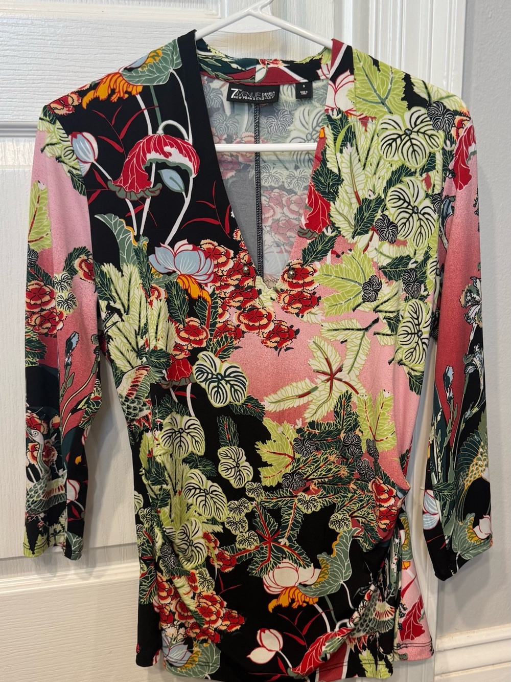 7th Avenue NY&C Floral V-Neck Plunge Dress shirt - Pink & Black Botanical Print